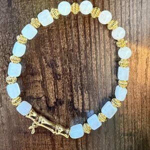 NEW Natural Burmese White Ice Jadeite Bracelet with Gold color Bamboo Charm